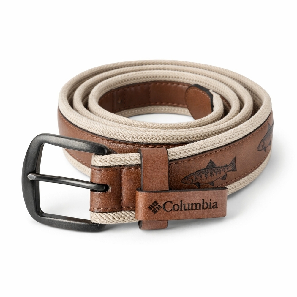 Columbia Canvas Leather Belt Fish Design Brown Tan Outdoor Casual Men.